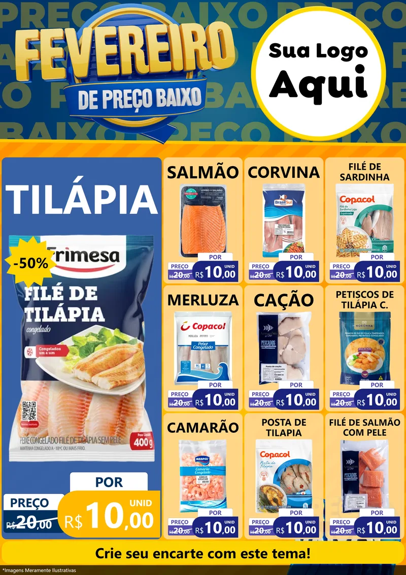 Modelo de Encarte para Encarte A4 Vertical com o tema Fevereiro de Preço Baixo para Peixaria
