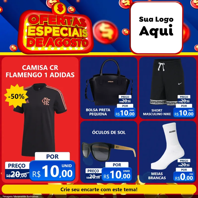 Modelo de Rede Social para Feed Facebook com o tema Ofertas Especiais de Agosto para Roupas e acessórios
