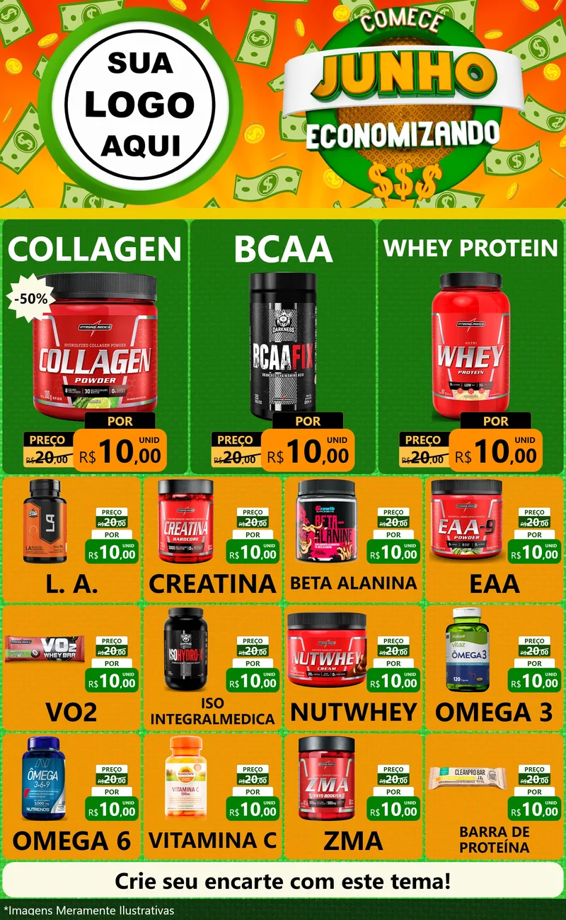 Modelo de Encarte para Encarte Grande com o tema Comece Junho Economizando para Suplementos alimentares