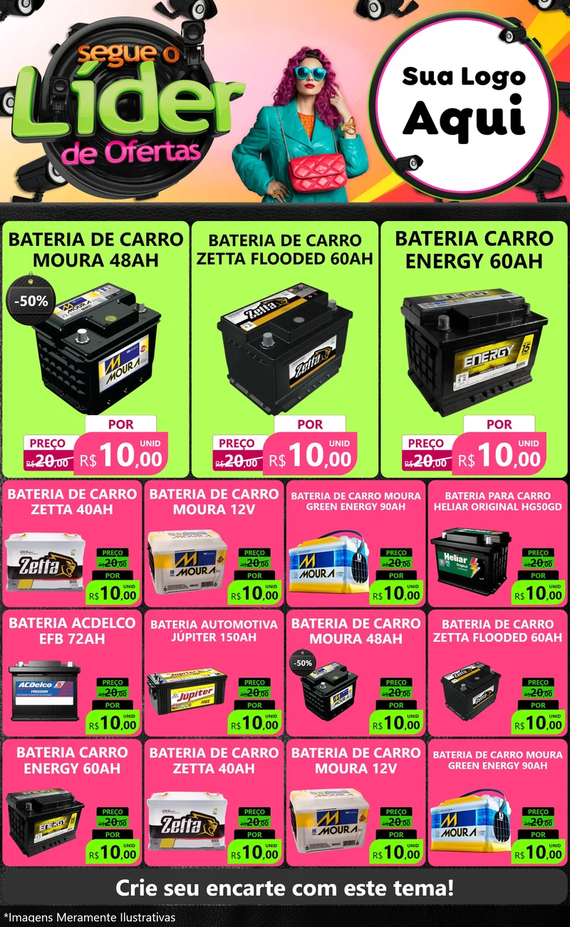 Modelo de Encarte para Encarte Grande com o tema Segue o Líder de Ofertas para Baterias Elétricas
