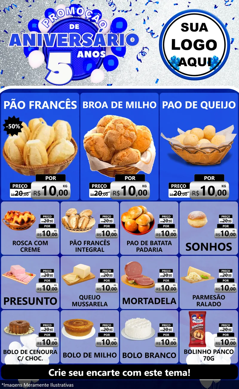 Modelo de Encarte para Encarte Grande com o tema Promoção de Aniversário - 5 Anos para Padaria