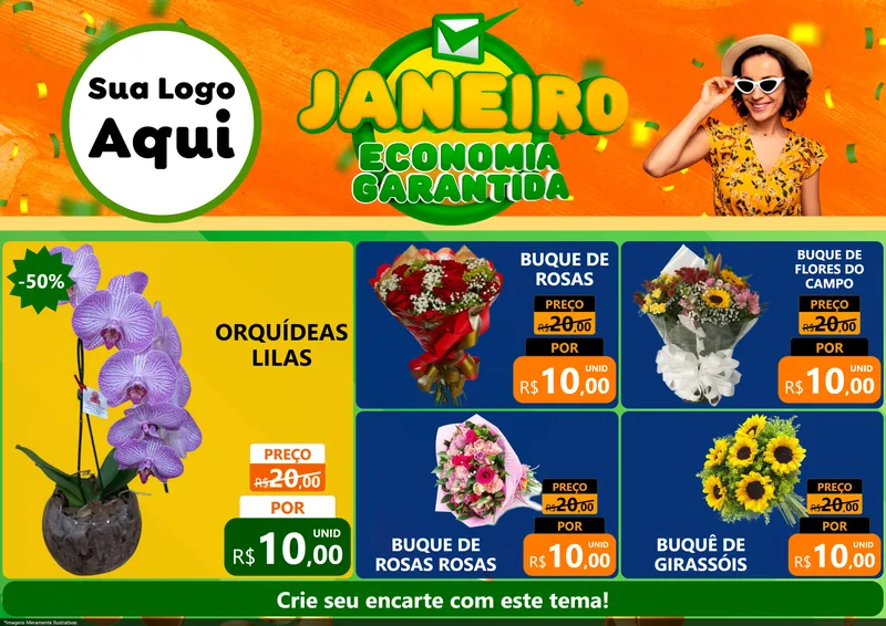 Modelo de Encarte para Encarte A4 Horizontal com o tema Janeiro - Economia Garantida para Floricultura e jardim