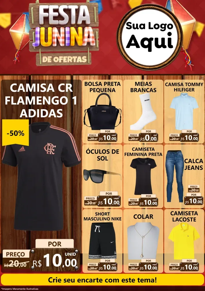 Modelo de Encarte para Encarte A4 Vertical com o tema Festa Junina de Ofertas para Roupas e acessórios