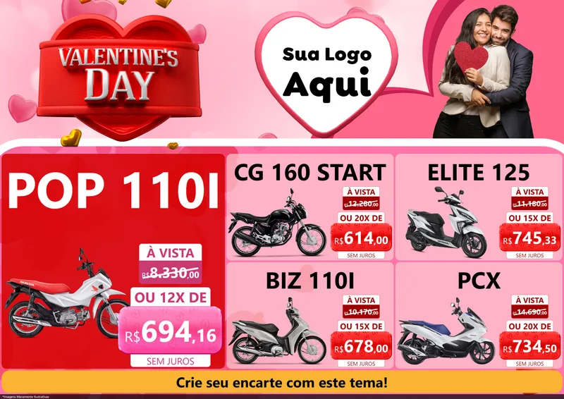 Modelo de Encarte para Encarte A4 Horizontal com o tema Valentine's Day para Concessionaria de Motos