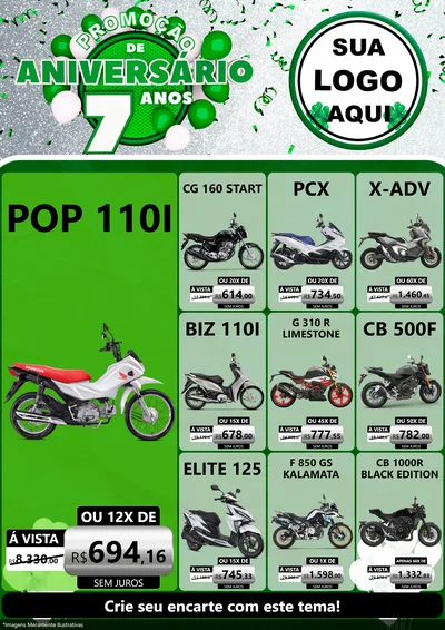 Modelo de Encarte para Encarte A4 Vertical com o tema Promoção de Aniversário - 7 Anos para Concessionaria de Motos