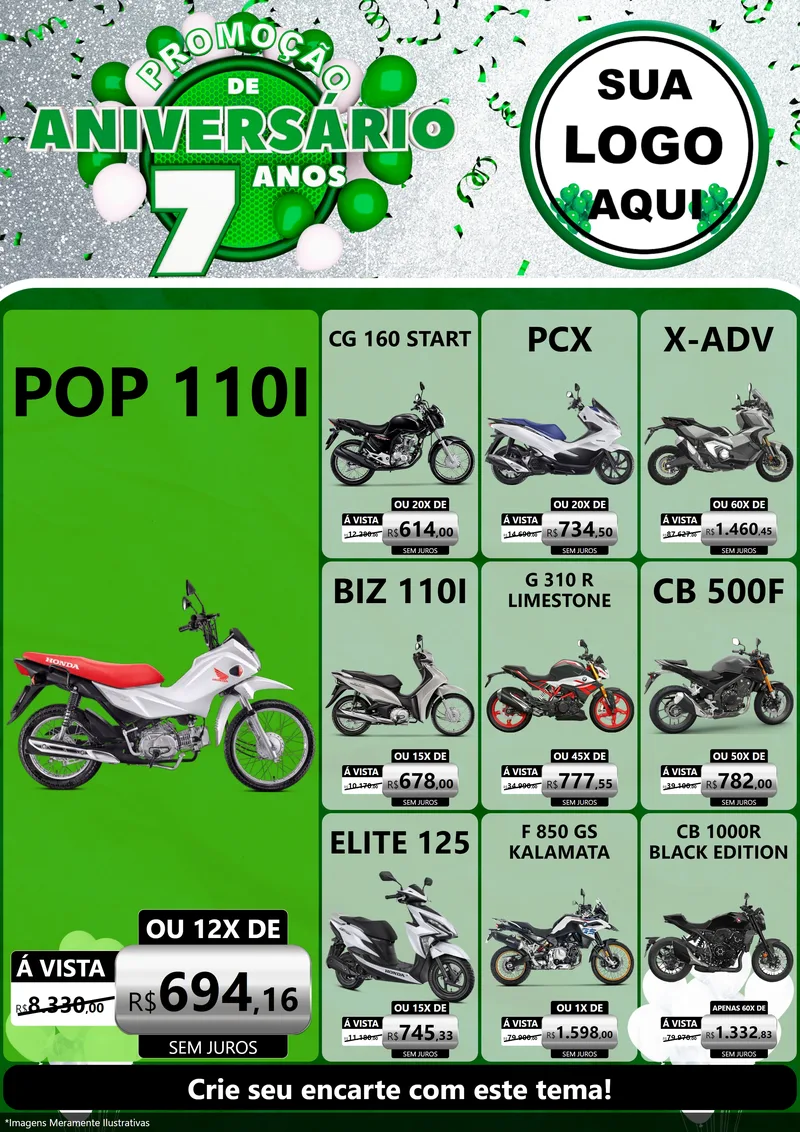 Modelo de Encarte para Encarte A4 Vertical com o tema Promoção de Aniversário - 7 Anos para Concessionaria de Motos