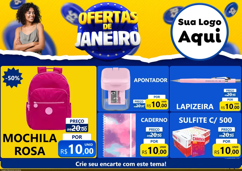 Modelo de Encarte para Encarte A4 Horizontal com o tema Ofertas de Janeiro para Papelaria