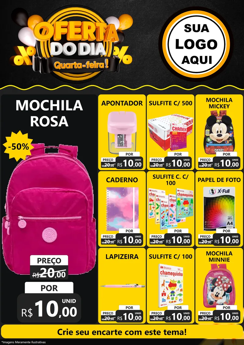 Modelo de Encarte para Encarte A4 Vertical com o tema Oferta do Dia - Quarta Feira! para Papelaria
