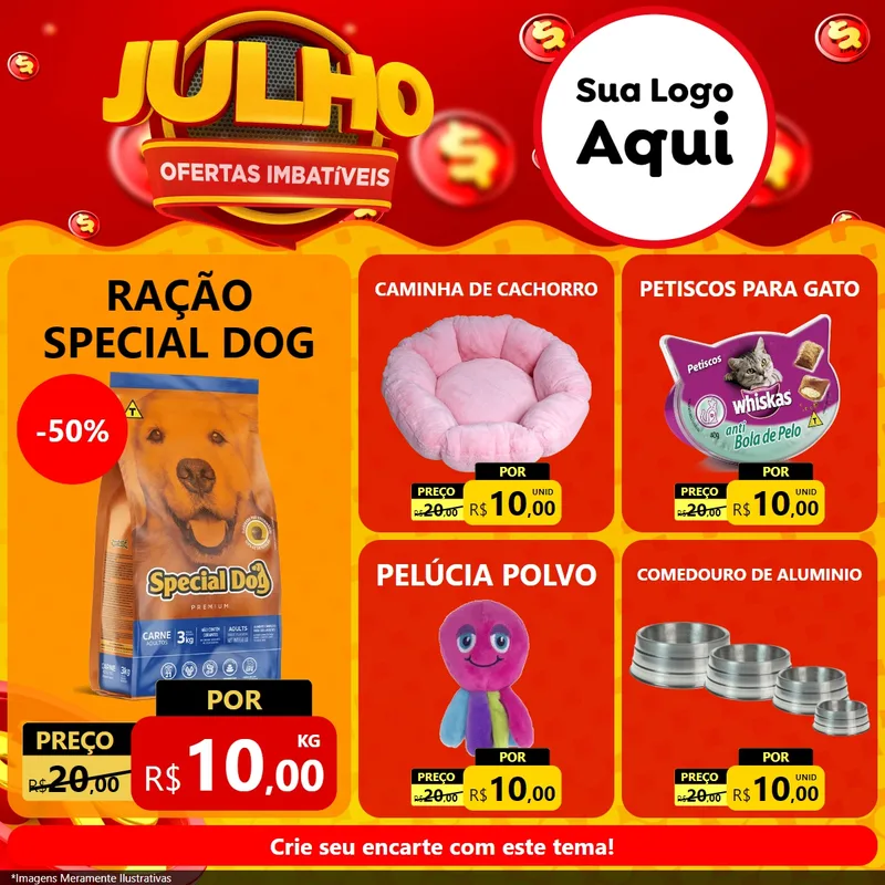 Modelo de Rede Social para Feed Facebook com o tema Julho Ofertas Imbatíveis para Pet Shop