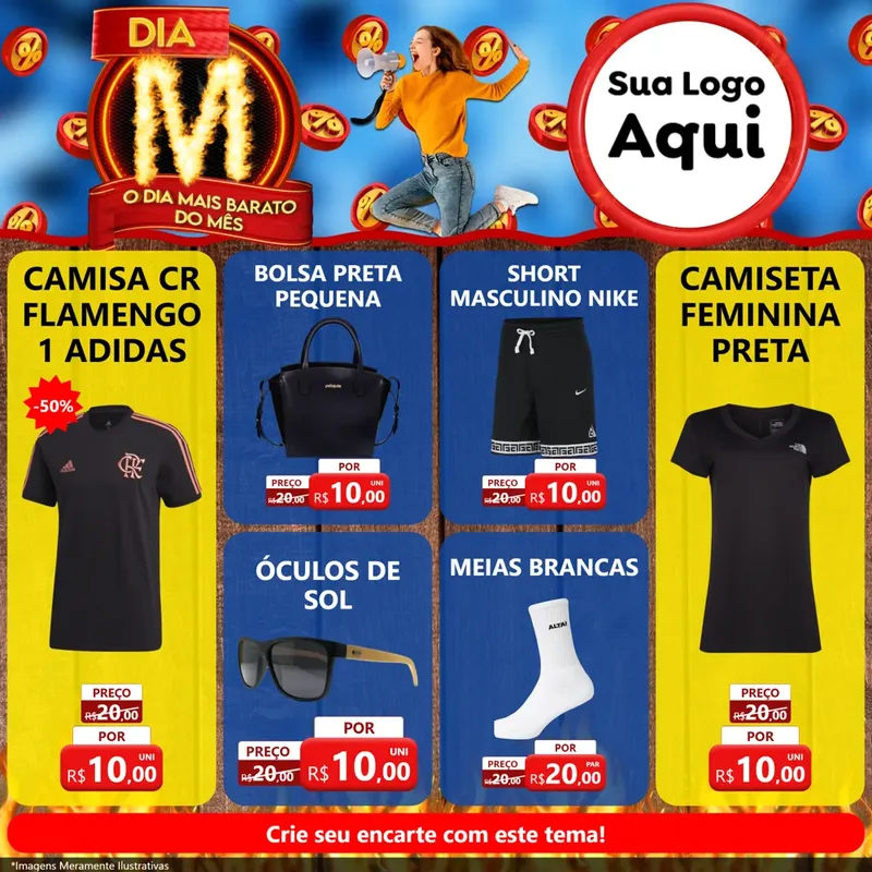 Modelo de Rede Social para Feed Facebook com o tema Dia M - O Dia Mais Barato Do Mês para Roupas e acessórios