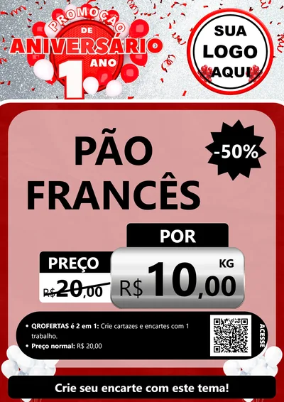 Modelo de Cartaz para Cartaz A4 Vertical com o tema Promoção de Aniversário - 1 Ano para Padaria