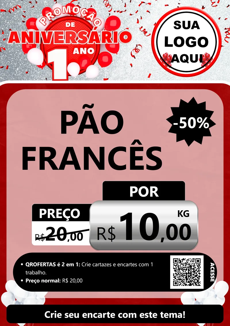 Modelo de Cartaz para Cartaz A4 Vertical com o tema Promoção de Aniversário - 1 Ano para Padaria