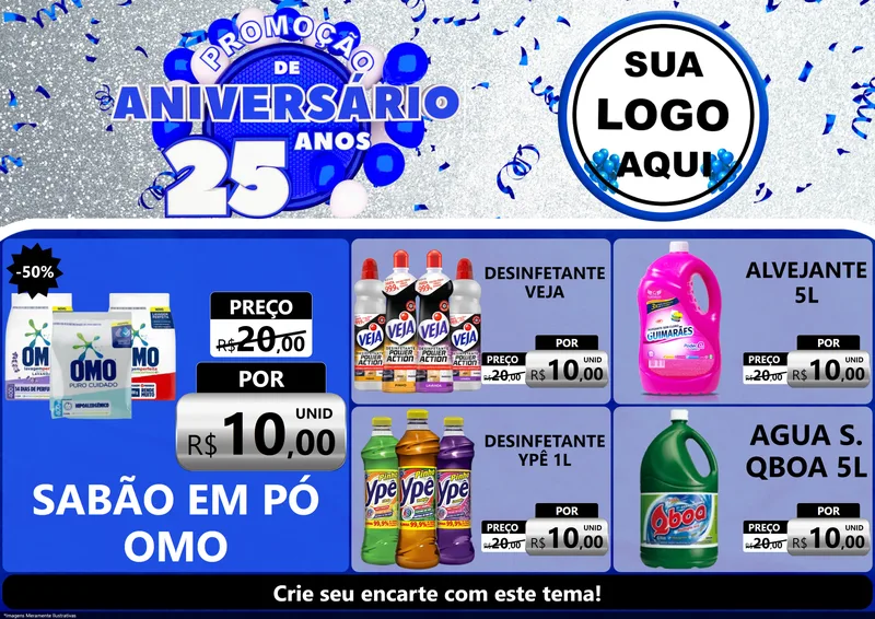 Modelo de Encarte para Encarte A4 Horizontal com o tema Promoção de Aniversário - 25 Anos para Produtos de Limpeza