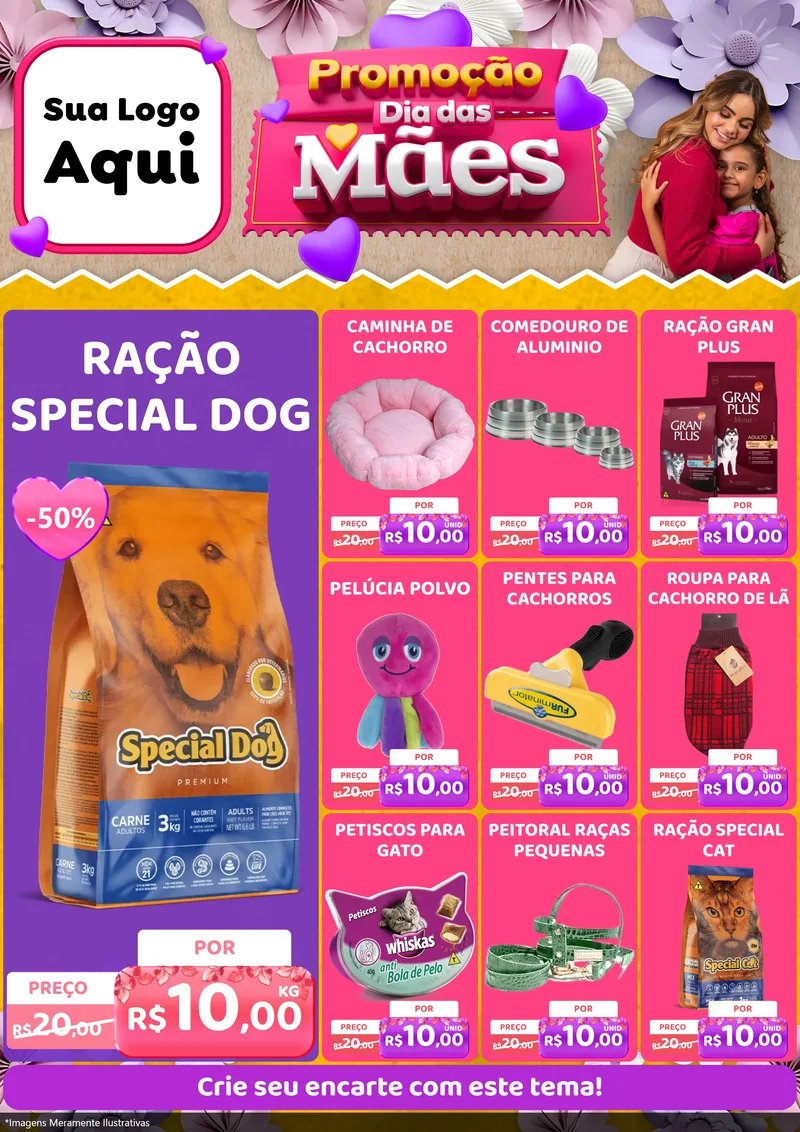 Modelo de Encarte para Encarte A4 Vertical com o tema Promoção Dia das Mães para Pet Shop