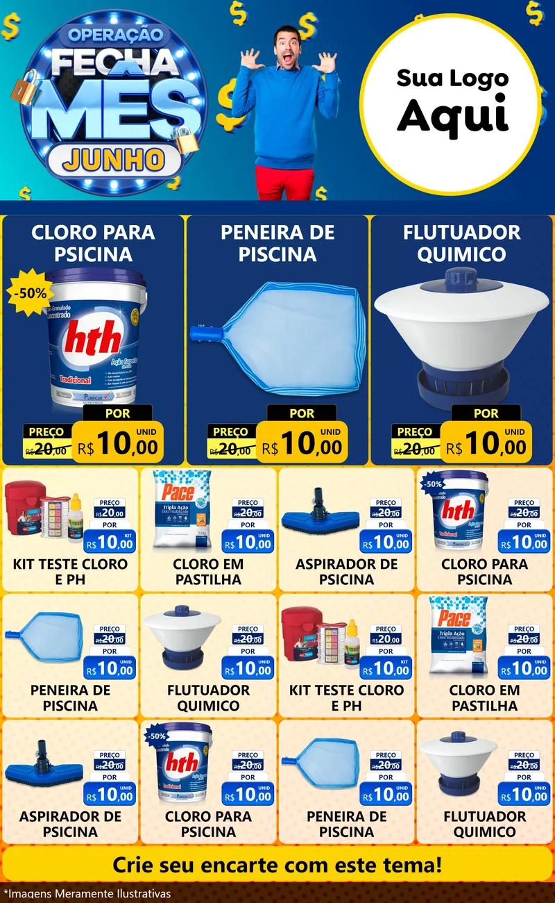 Modelo de Encarte para Encarte Grande com o tema Operação Fecha Mês, Junho para Produtos para Piscina
