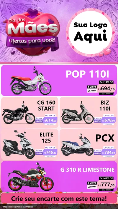 Modelo de TV para TV Vertical com o tema Dia das Mães Ofertas para Você! para Concessionaria de Motos