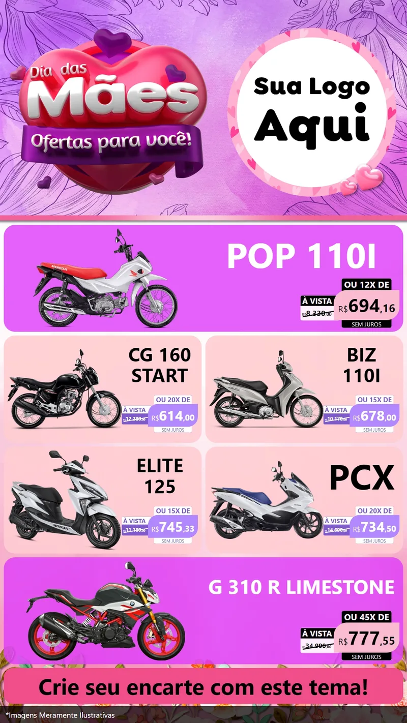 Modelo de TV para TV Vertical com o tema Dia das Mães Ofertas para Você! para Concessionaria de Motos
