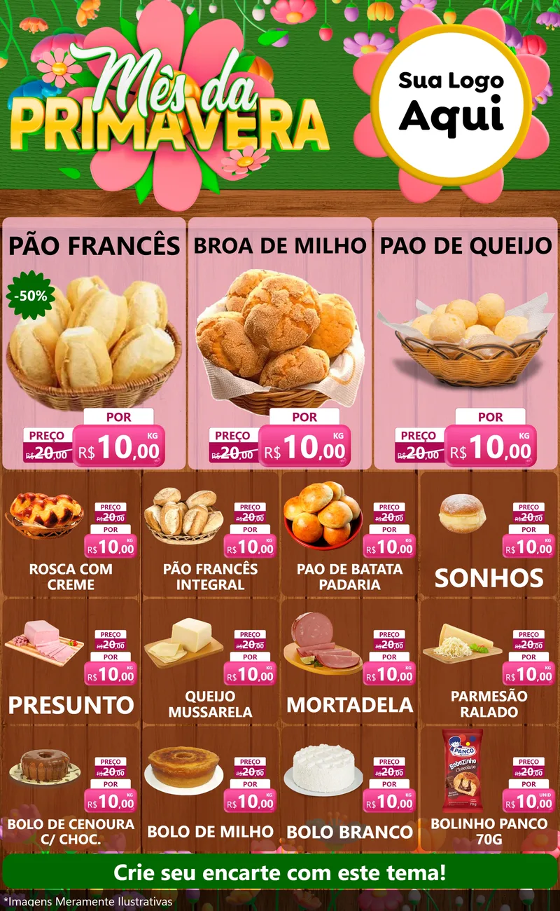 Modelo de Encarte para Encarte Grande com o tema Mês da Primavera para Padaria