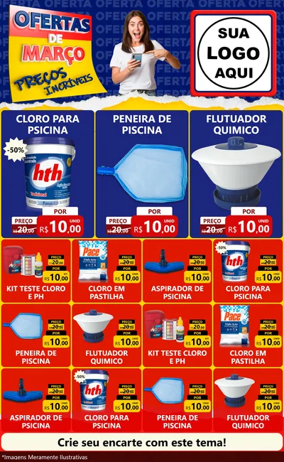 Modelo de Encarte para Encarte Grande com o tema Ofertas de Março - Preços Incríveis para Produtos para Piscina