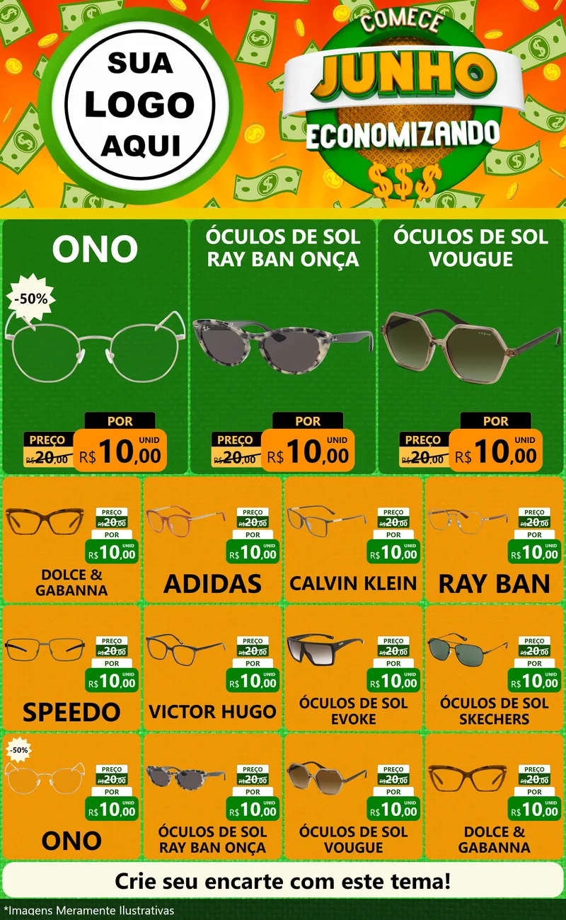 Modelo de Encarte para Encarte Grande com o tema Comece Junho Economizando para Óticas