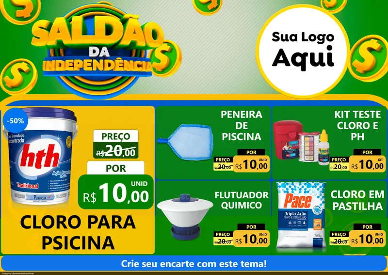 Modelo de Encarte para Encarte A4 Horizontal com o tema Saldão da Indepêndencia para Produtos para Piscina