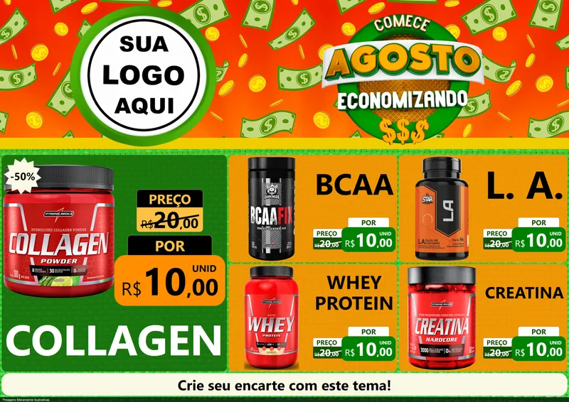 Modelo de Encarte para Encarte A4 Horizontal com o tema Comece Agosto Economizando para Suplementos alimentares