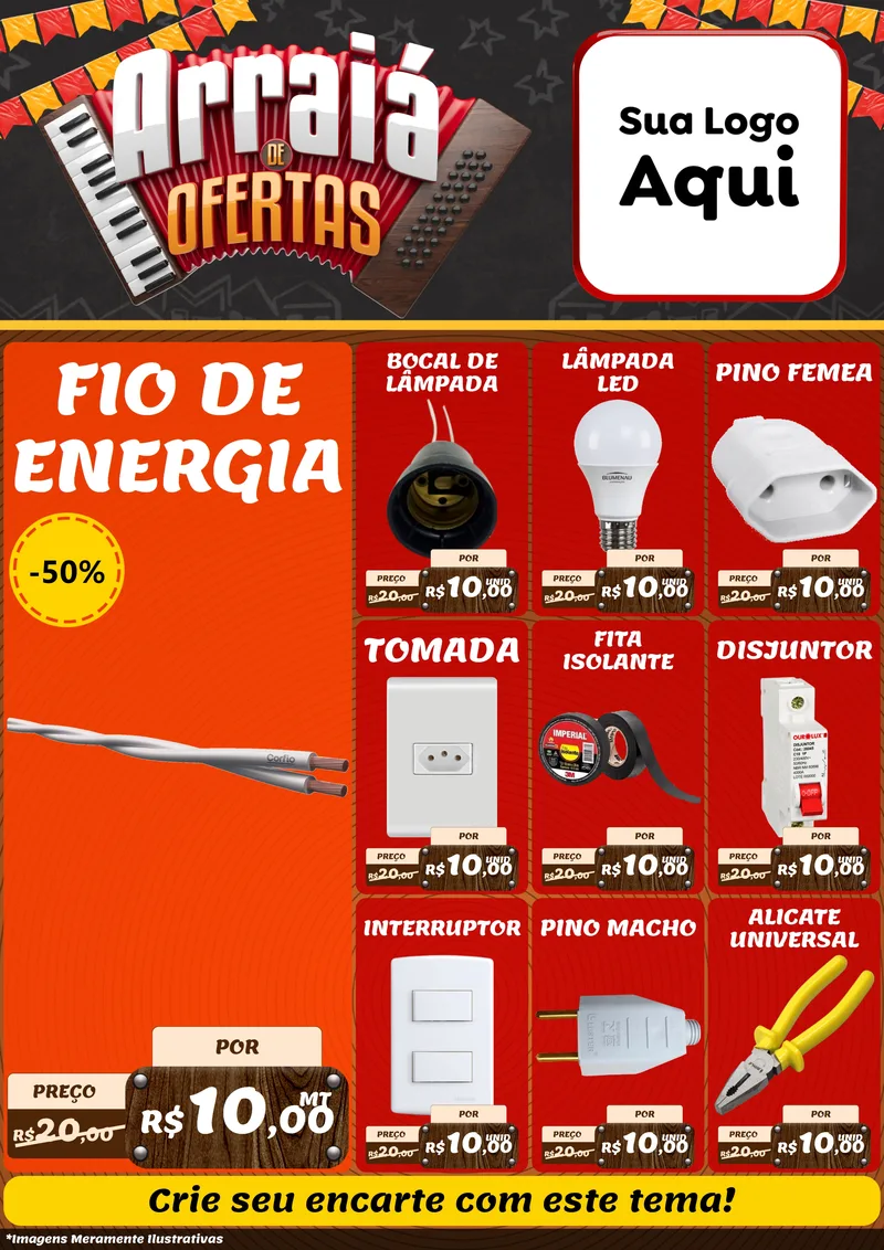 Modelo de Encarte para Encarte A4 Vertical com o tema Arraiá de Ofertas - Junina para Materiais Elétricos