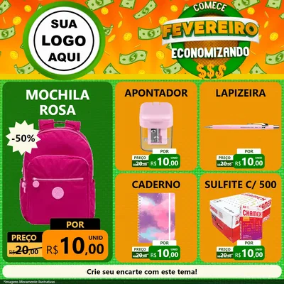 Modelo de Rede Social para Feed Facebook com o tema Comece Fevereiro Economizando para Papelaria