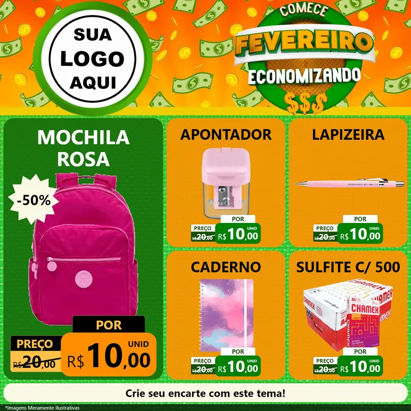 Modelo de Rede Social para Feed Facebook com o tema Comece Fevereiro Economizando para Papelaria