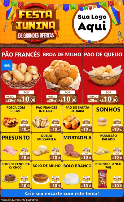 Modelo de Encarte para Encarte Grande com o tema Festa Junina de Grandes Ofertas para Padaria
