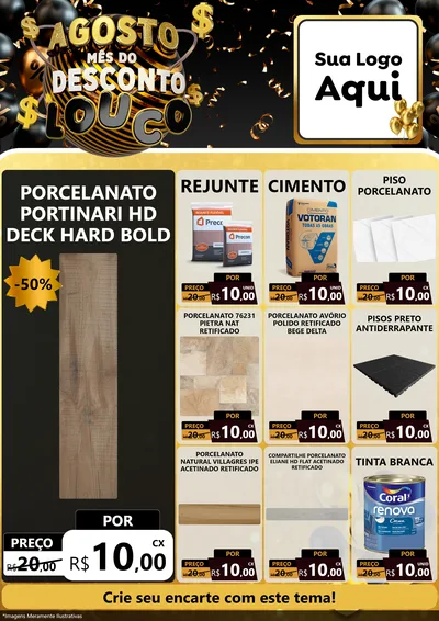 Modelo de Encarte para Encarte A4 Vertical com o tema Agosto Mês do Desconto Louco para Pisos e revestimentos