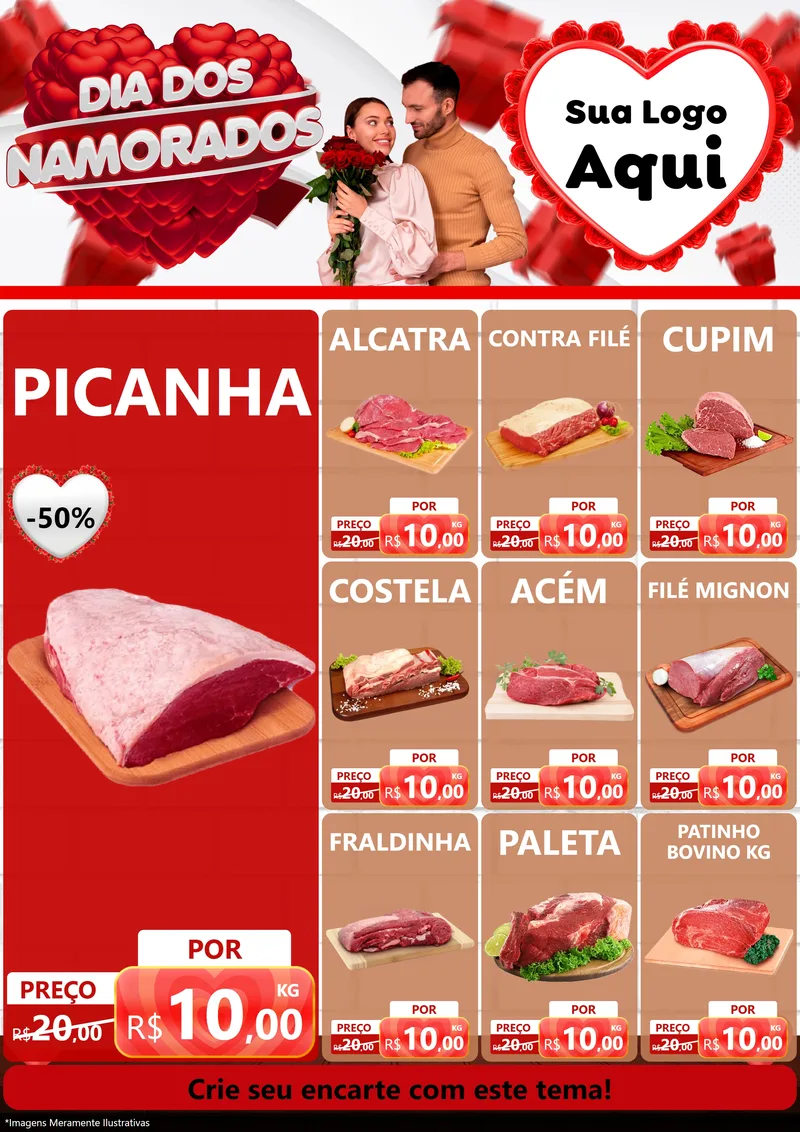 Modelo de Encarte para Encarte A4 Vertical com o tema Dia dos Namorados para Açougue