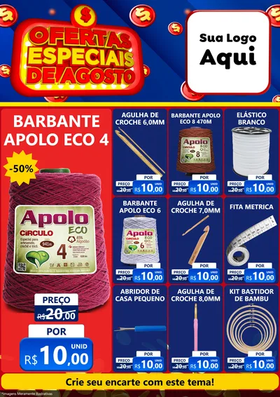 Modelo de Encarte para Encarte A4 Vertical com o tema Ofertas Especiais de Agosto para Armarinho e Aviamentos