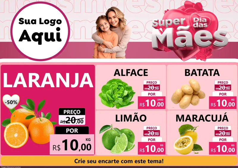 Modelo de Encarte para Encarte A4 Horizontal com o tema Super Dia Das Mães para Hortifrúti