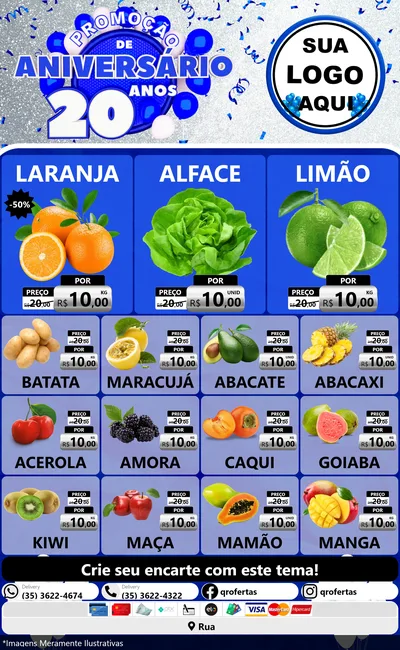 Modelo de Encarte para Encarte Grande com o tema Promoção de Aniversário - 20 Anos para Hortifrúti