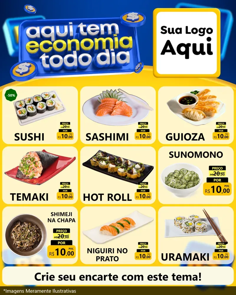 Modelo de Rede Social para Feed Instagram com o tema Aqui Tem Economia Todo Dia para Comida japonesa