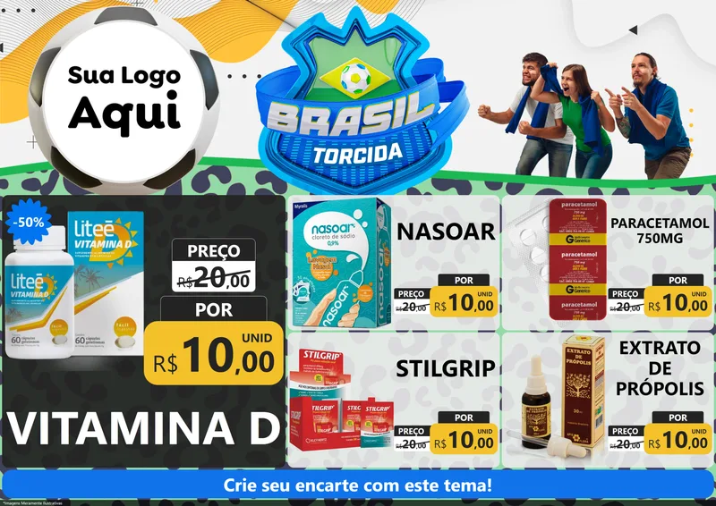 Modelo de Encarte para Encarte A4 Horizontal com o tema Brasil Torcida - Copa para Farmácia