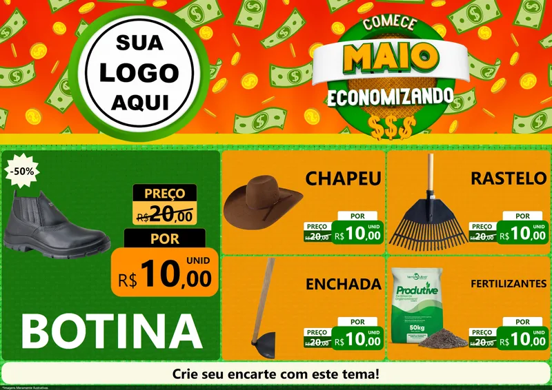 Modelo de Encarte para Encarte A4 Horizontal com o tema Comece Maio Economizando para Agropecuária