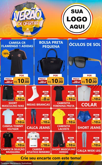 Modelo de Encarte para Encarte Grande com o tema Verão de Ofertas para Roupas e acessórios