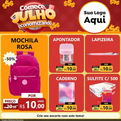 Modelo de Rede Social para Feed Facebook com o tema Comece Julho Economizando para Papelaria