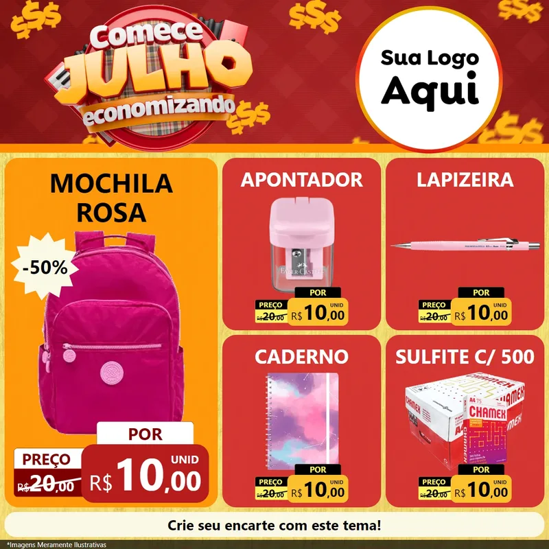 Modelo de Rede Social para Feed Facebook com o tema Comece Julho Economizando para Papelaria