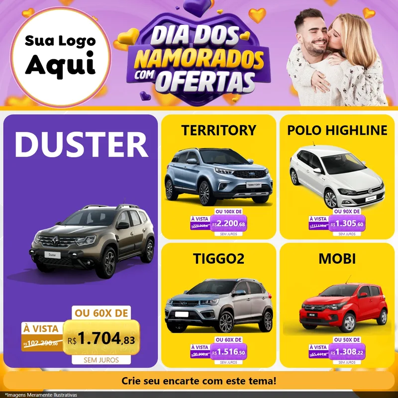 Modelo de Rede Social para Feed Facebook com o tema Dia Dos Namorados Com Ofertas para Concessionaria de Carros