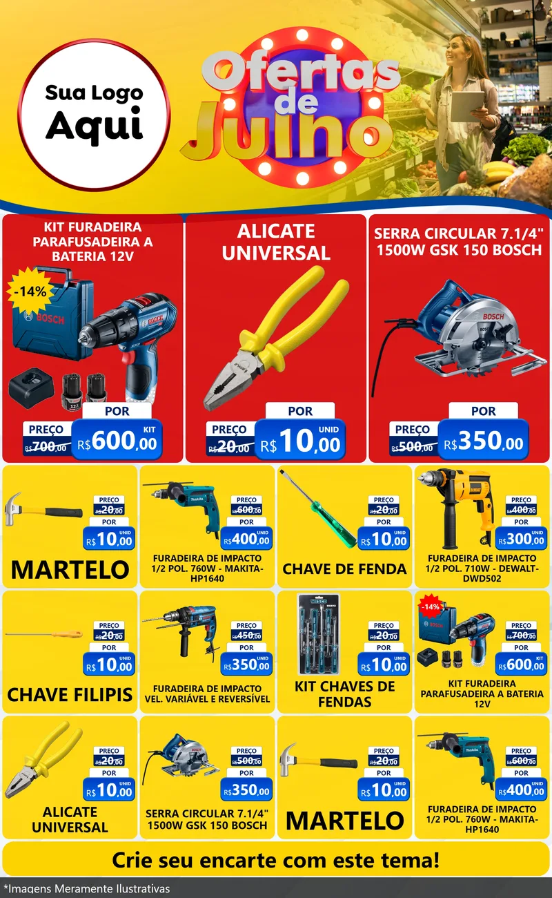 Modelo de Encarte para Encarte Grande com o tema Ofertas de Julho para Maquinas e Ferramentas