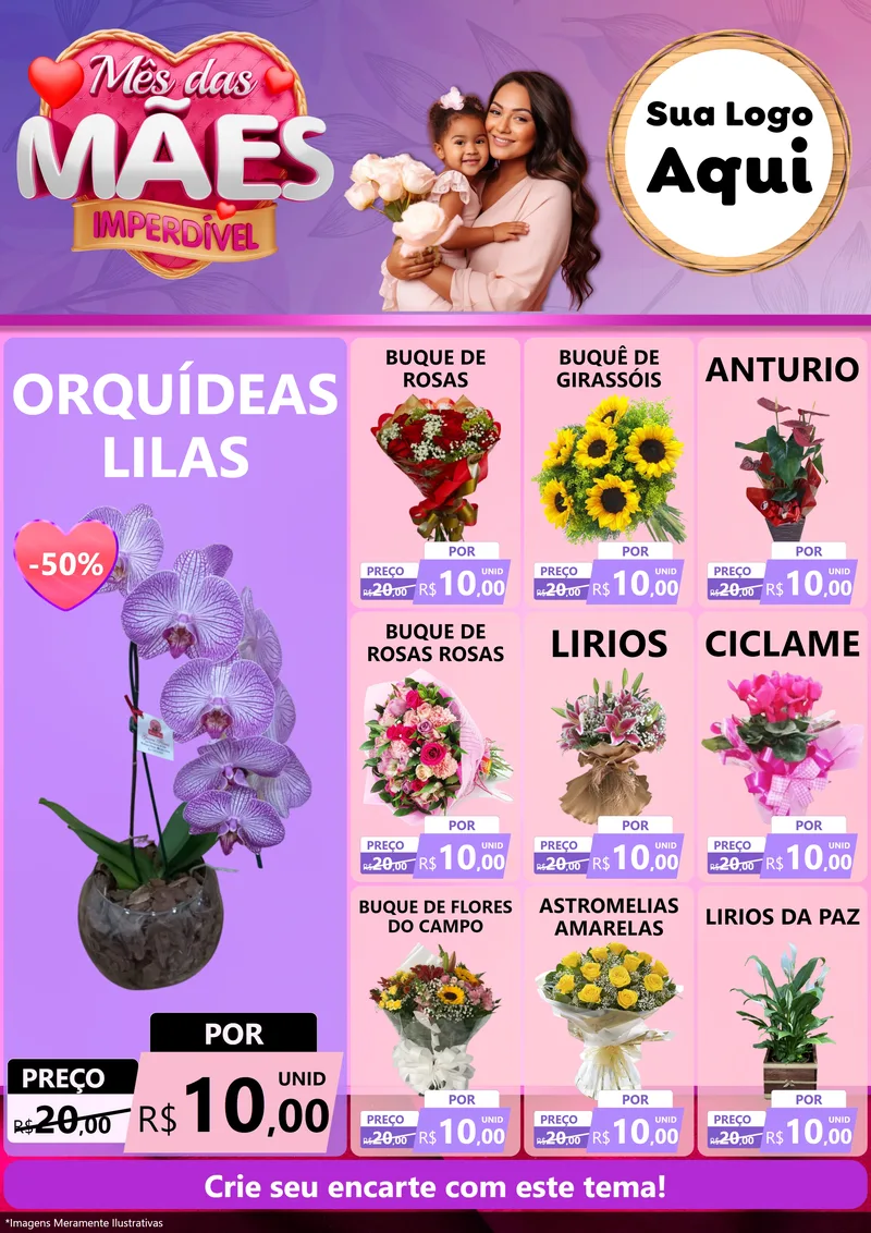 Modelo de Encarte para Encarte A4 Vertical com o tema Mês das Mães Imperdível para Floricultura e jardim