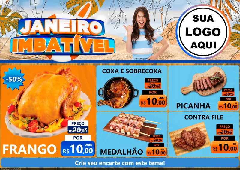 Modelo de Encarte para Encarte A4 Horizontal com o tema Janeiro Imbatível para Assados