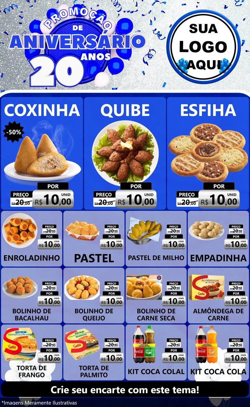Modelo de Encarte para Encarte Grande com o tema Promoção de Aniversário - 20 Anos para Salgadaria