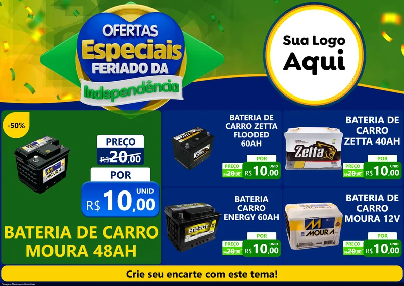 Modelo de Encarte para Encarte A4 Horizontal com o tema Ofertas Especiais Feriado da Independência para Baterias Elétricas