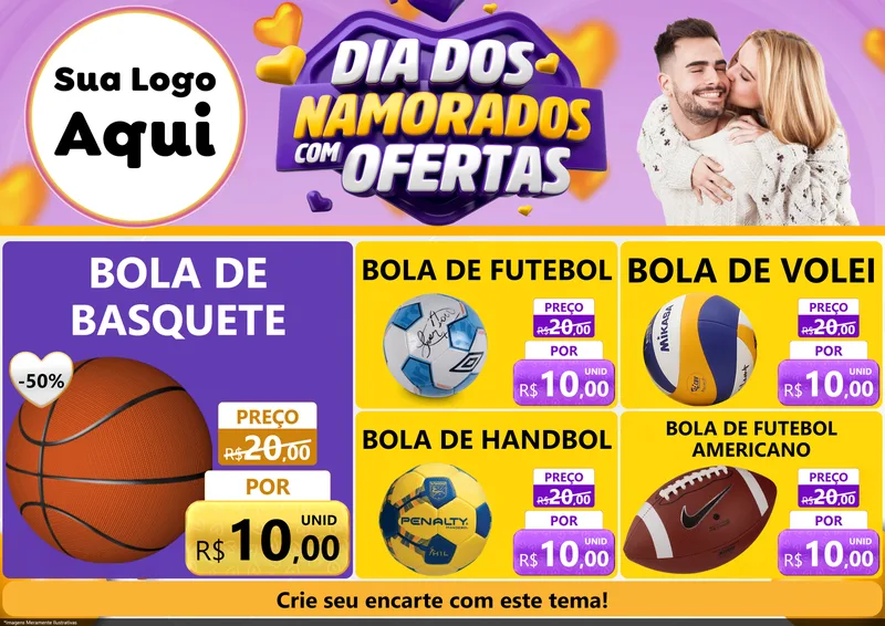 Modelo de Encarte para Encarte A4 Horizontal com o tema Dia Dos Namorados Com Ofertas para Artigos Esportivos