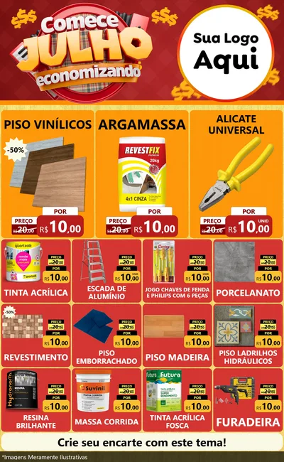 Modelo de Encarte para Encarte Grande com o tema Comece Julho Economizando para Material para Construção