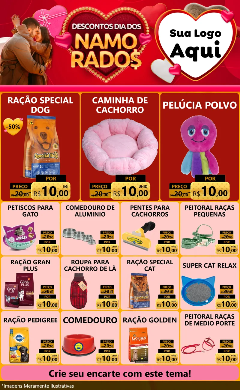 Modelo de Encarte para Encarte Grande com o tema Descontos Dia dos Namorados para Pet Shop